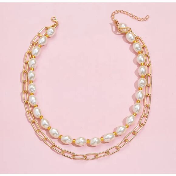 Double Layer Faux Pearl Chunky Gold Paperclip chain Necklace Cottagecore Classy - Picture 4 of 7